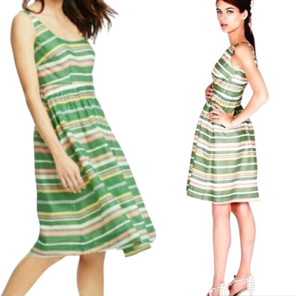 Boden Hattie Green Pink Yellow Striped Fit & Flare Mini Dress - 6